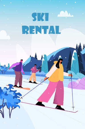 people skiing snowboarding men women doing winter activities christmas new year holidays celebration conceptのイラスト素材