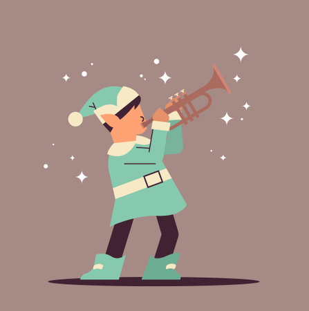 elf in uniform with musical instrument boy santa helper playing trumpet happy new year christmas holidays celebrationのイラスト素材