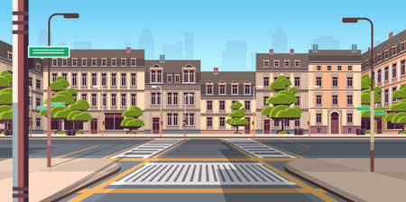summer city street with modern houses exterior urban buildings facadeのイラスト素材