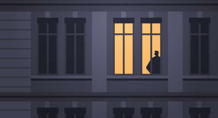 depressed guy silhouette standing in house window loneliness depressive disorder problem mental health diseasesのイラスト素材