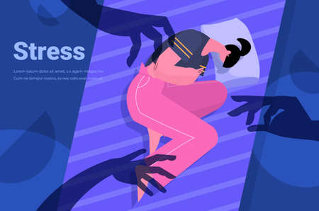 tired depressed woman lying on bed unhappy girl feeling desperate mental health diseases depression conceptのイラスト素材