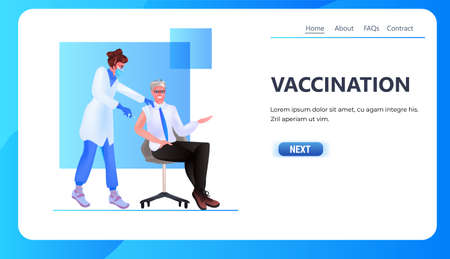 female doctor in mask vaccinating male patient fight against  vaccine development conceptのイラスト素材
