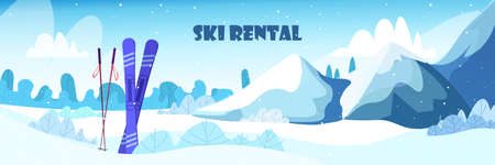 ski touring equipment in winter season snowy mountain range beautiful nature landscape background ski rentalのイラスト素材
