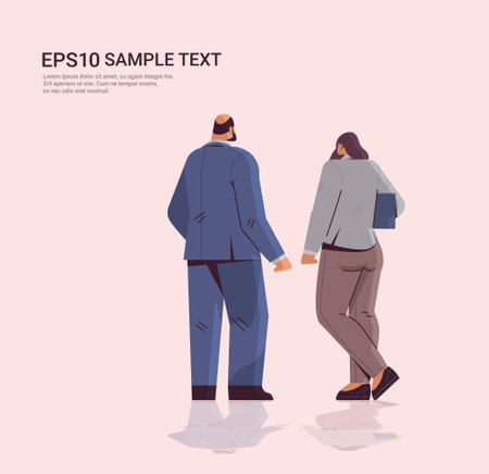 businesspeople couple standing back to camera rear view of elegant business people discussing during meetingのイラスト素材