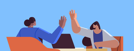 mix race businesspeople giving high five successful teamwork agreement concept portraitのイラスト素材