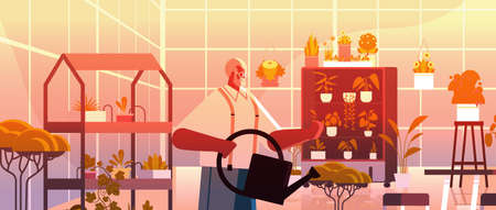 senior man gardener with watering can taking care of potted plants at home garden living room or office interiorのイラスト素材