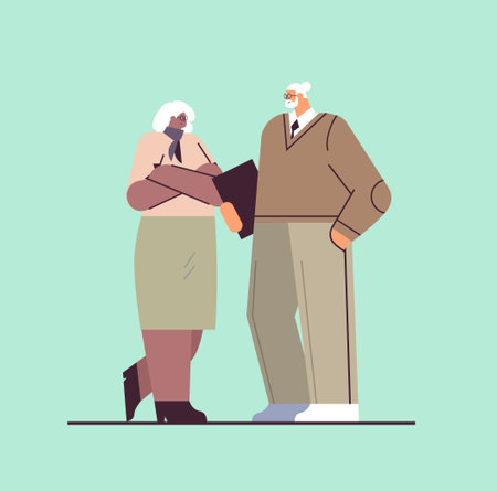 senior businesspeople discussing during meeting mix race business man woman couple in formal wear standing togetherのイラスト素材