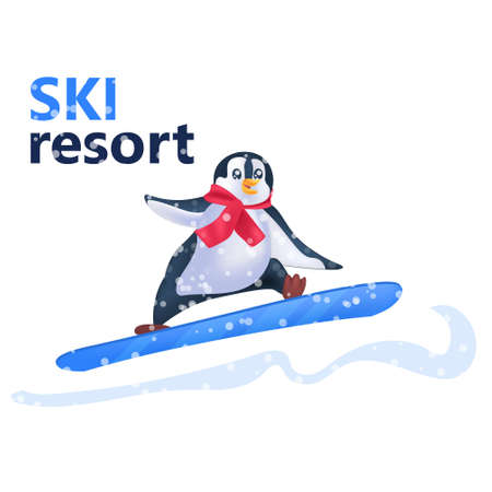 cute penguin snowboarding ski resort concept full lengthのイラスト素材