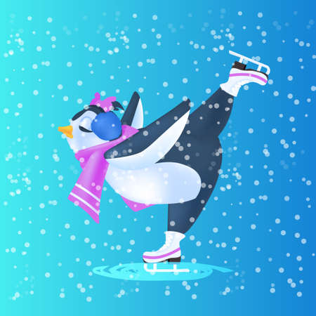 cute penguin skating on ice rink winter activities concept full lengthのイラスト素材