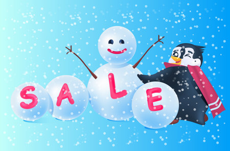cute penguin with snowman sale poster holiday shopping concept full length horizontalのイラスト素材