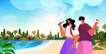 couple smoking e-cigarettes bad habits unhealthy lifestyle nicotine addiction summer vacation conceptのイラスト素材