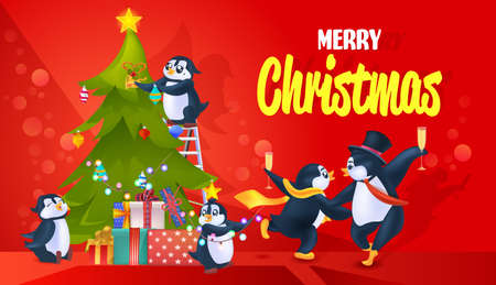 cute penguins celebrating new year christmas holidays antarctic birds having fun full length horizontalのイラスト素材