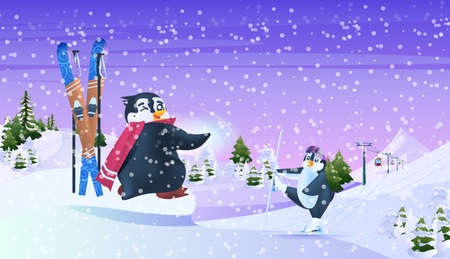 cute penguins skiing ski resort concept snowfall landscape backgroundのイラスト素材