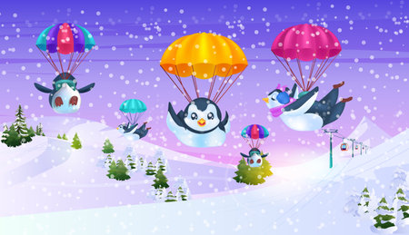 cute penguins flying on parachutes antarctic birds having fun snowfall landscape backgroundのイラスト素材