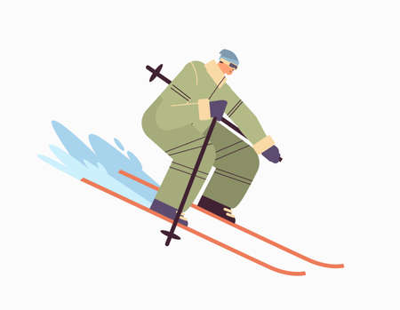 skier man sportsman skiing doing activities winter vacation concept full length horizontalのイラスト素材