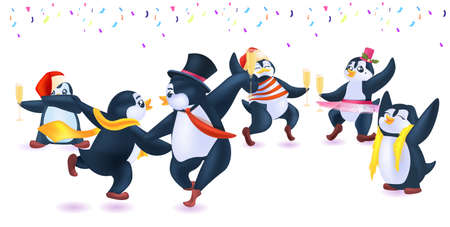 cute penguins celebrating new year christmas holidays antarctic birds having fun full lengthのイラスト素材