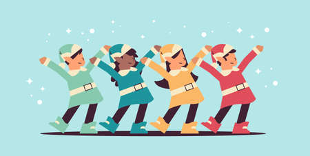 mix race elves in uniform having fun santa helpers team celebrating happy new year merry christmas holidaysのイラスト素材