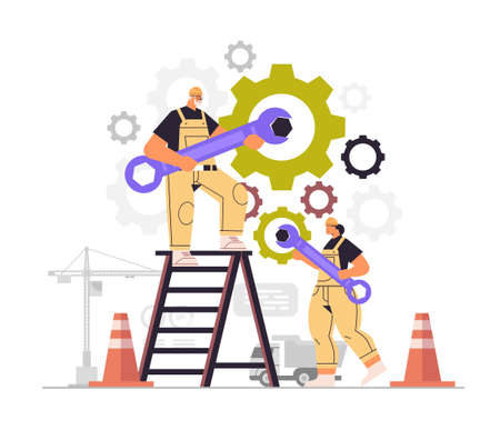 workers couple rotating cogwheels teamwork process concept man woman in overalls repairing mechanismのイラスト素材