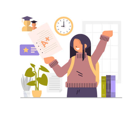 schoolgirl student holding A plus perfect grade paper test examination education conceptのイラスト素材