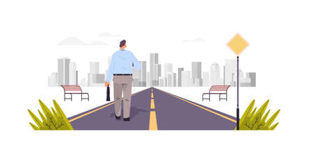 businessman with suitcase standing on asphalt road business man looking at modern architecture leadership successful visionのイラスト素材