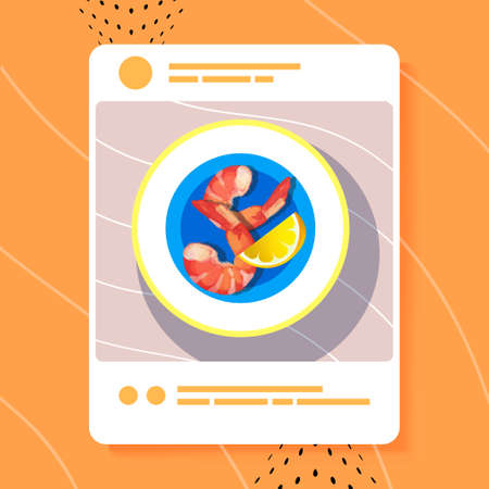 appetizing photo of fresh shrimp with lemon on smartphone screen food blogging social media blog post food hunter reviewのイラスト素材