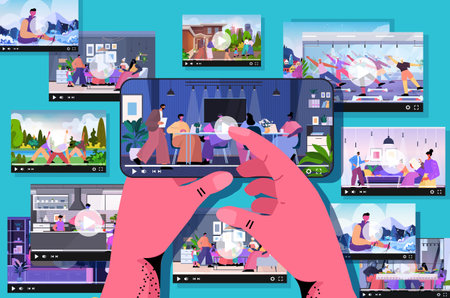 blogger hands sharing videos at social networks making posts for followers social media addiction conceptの写真素材