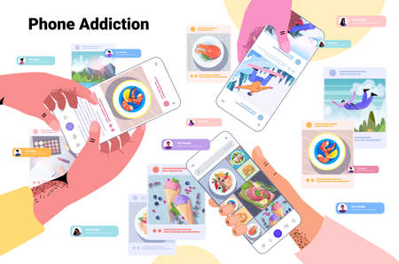 hands sharing photos at social networks bloggers making posts for followers social media addiction concept horizontalのイラスト素材