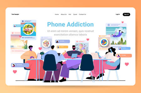 businesspeople bloggers sharing photos at social networks men women making posts for followers social media addictionのイラスト素材