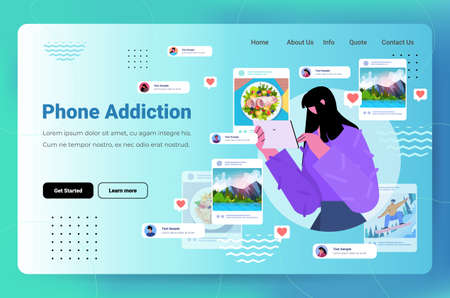 woman blogger sharing photos at social networks guy making posts for followers social media addiction conceptのイラスト素材