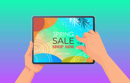 human hands using tablet pc with spring sale banner flyer or greeting card on screen horizontalのイラスト素材