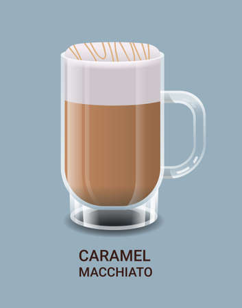 realistic coffee in glass cup hot caramel macchiato drinkのイラスト素材