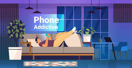 addicted man using digital gadget guy active in social networks digital addiction concept living room interiorのイラスト素材