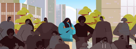 tired depressed woman standing out from crowd girl feeling desperate mental health diseases depressionのイラスト素材