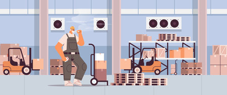 warehouse worker in uniform smoking cigarette man smokes at work bad habits unhealthy lifestyle conceptのイラスト素材