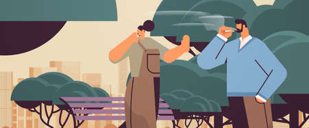 man with cigarette discussing with woman in park passive smoking bad habits unhealthy lifestyle nicotine addictionのイラスト素材