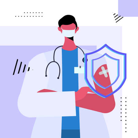 vaccinated doctor in mask with virtual shield successful covid-19 vaccination conceptのイラスト素材