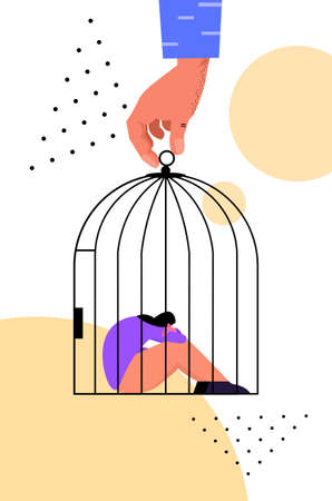 tired depressed woman sitting in cage unhappy girl feeling desperate mental health diseases depression conceptのイラスト素材