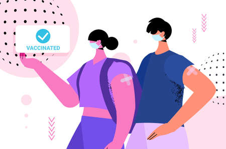 vaccinated people in masks man woman after vaccine injection successful covid-19 vaccination conceptのイラスト素材