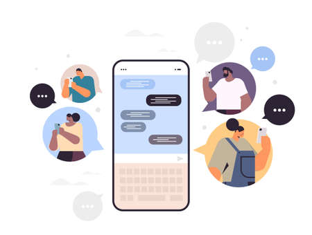 people typing message on smartphone mix race men women chatting in mobile app chat bubble communicationのイラスト素材