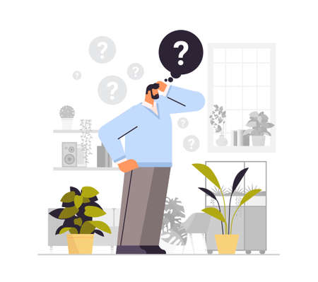 frustrated businessman with question mark looking for assistance help thinking inquiry conceptのイラスト素材