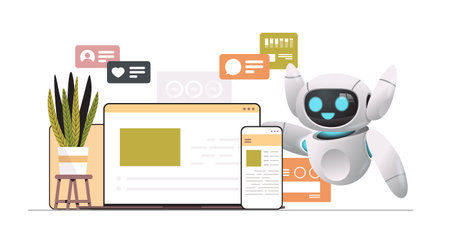 robot using computer and mobile chatting apps online communication social media network artificial intelligenceのイラスト素材