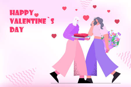loving lesbian couple celebrating happy valentines day women in love standing together with flowersのイラスト素材