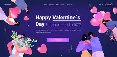 loving people celebrating happy valentines day men women in love with flowers and pink air balloonsのイラスト素材
