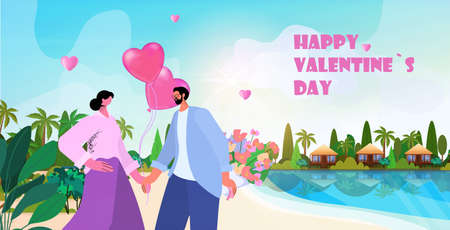 loving couple holding pink air balloons man woman in love celebrating happy valentines day on tropical beachのイラスト素材