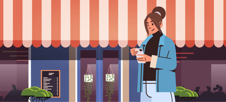 beautiful girl in casual clothes walking city street and using smartphone social media communication digital addictionのイラスト素材
