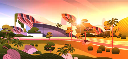 future city futuristic unusual shapes buildings and green trees modern architecture urban town...