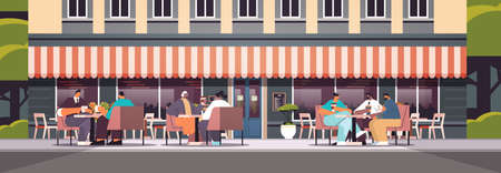 mix race businesspeople discussing during coffee break people holding cups with coffee drinks in cafeのイラスト素材