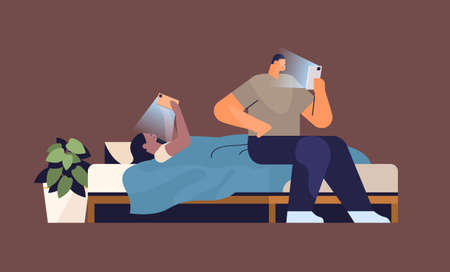 addicted people using digital gadgets man woman active in social networks digital addiction concept living room interiorのイラスト素材