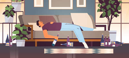 sad man drinker with bottles alcoholic drinking alone depressed addicted drunk guy having problem alcohol addictionのイラスト素材