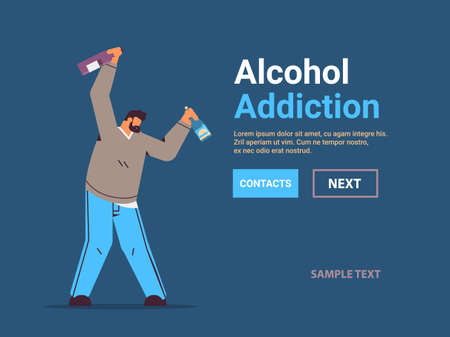 sad man drinker with bottles alcoholic drinking alone addicted drunk guy having problem alcohol addiction alcoholismのイラスト素材